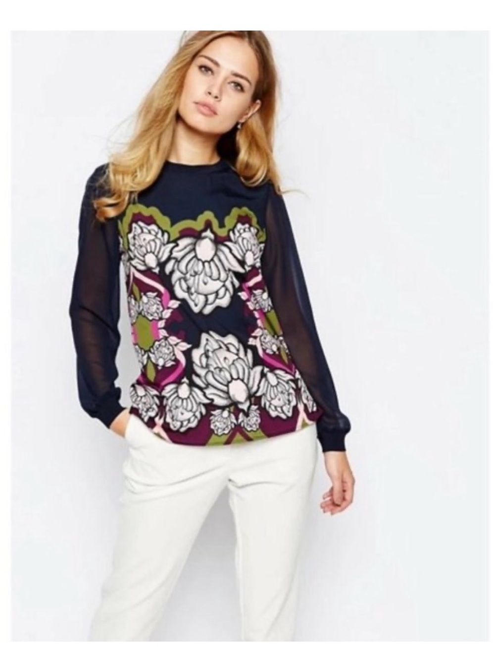 Ted Baker Naylia Surreal Blouse Black Multicolor Floral Sheer Sleeve Women’s 1
